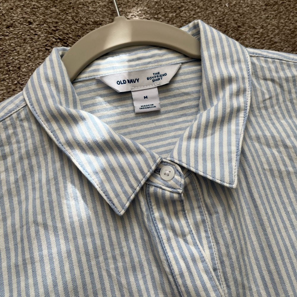 Old Navy Boyfriend Resort Poplin Button Down Shirt Stripe Blue Cotton Women's M - Picture 5 of 9